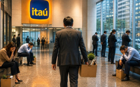 Imagem mostra pessoas em um saguão de um prédio coorporativo