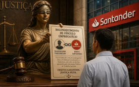 Imagem mostra a mulher que representa a Justiça apresentando para um trabalhador uma decisão judicial onde se lê "Fica reconhecido o vínculo empregatício entre o trabalhador terceirizado e o Santander, com todos os direitos garantidos pela Convenção Coletiva de Trabalho bancária". Ao lado, a fachada de um prédio do santander
