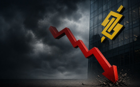 Imagem mostra um gráfico em linha indicando queda, ao lado de um prédio com o logo do Banco do Brasil, sob um céu nublado