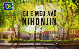 Divulgação do filme "Eu e meu avô Nihonjin" com uma arte que mostra uo protagonista Noboru e seu avô Hideo conversando em uma área arborizada no meio de uma cidade.