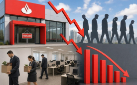 Imagem mostra agência do santander fechada, pessoas sendo demitidas e gráficos indicando queda