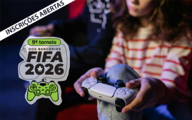 Duas pessoas jogando videogame. ao alto da imagem, a logo do 9° campeonato de fifa do campeonata dos bancários de São Paulo Osasco e região.