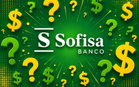 Imagem composta do logo da sofisa em volta de vários pontos de interrogação e cifrões
