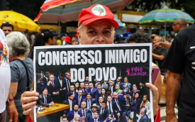 Imagem mostra mulher segurando um cartaz onde se lê "congresso inimigo do povo"