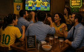 imagem feita por inteligência artificial mostra bancários sentados ao redor de uma mesa de bar vibrando com um jogo da seleção brasileira
