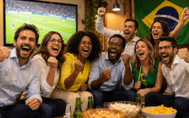 Imagem de bancários torcendo para o Brasil