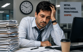 Imagem de um homem sentado em uma mesa de trabalho com a cabeça apoiada em uma das mãos e cara de cansado