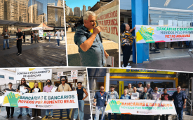 Mosaico com cinco fotos da mobilização dos bancários por regiões de São Paulo e Osasco