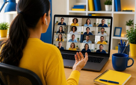 Imagem mostras uma mulher em frente a um notebook participando de uma reunião virtual