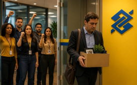 Imagem feita por inteligência artificial mostra um homem de terno e gravata portando uma caixa com pertences pessoais deixando um escritório. ao fundo, um grupo de pessoas comemora