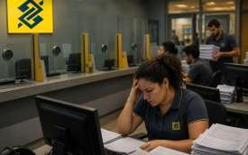 Imagem mostra guichês de caixas de agência bancária fechada. em frente, uma bancária com a mão na testa, cabeça baixa e olhar preocupado está sentada em frente a um computador