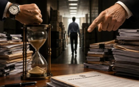 Imagem mostra uma mão apontando para um homem que caminha por um correndor. no lado oposto da imagem há outra mão com um relógio no pulso. abaixo dela uma ampulheta e há duas pilhas de documentos