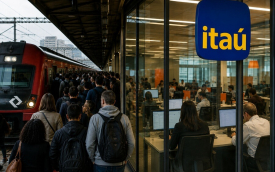 Imagem mostra pessoas em uma plataforma de trens da CPTM lotada e, no lado direito, bancários em um local de trabalho do Itaú