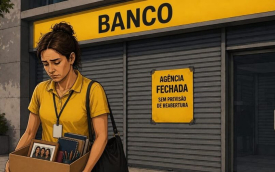 Imagem feita por inteligência artificial mostra mulher de cabeça baixa, segurando uma caixa, em frente a uma agência de portas fechadas