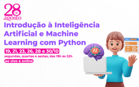 Imagem em desenho de uma mulher segurando um cérebro ao lado do texto IA e Machine Learning com Python