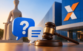 Imagem feita por inteligência artificial composta por uma estátua representando a Justiça e um prédio da caixa econômica federal