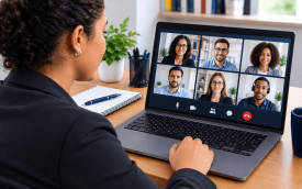 Imagem de uma mulher em frente a um computador, em cuja tela se vê uma reunião virtual