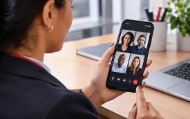 Imagem de uma mulher participando de uma reunião virtual, por meio do celular