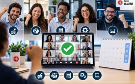 Imagem feita por inteligência artificial mostra funcionários de cinco áreas do Banco Yamaha celebram, em reunião virtual, a aprovação de acordo sobre jornada especial