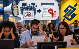 Imagem feita por inteligência artificial mostra bancários do Banco do Brasil contrariados enquanto olham para os seus holerites
