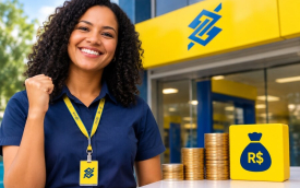 Imagem mostra uma mulher com crachá do banco do brasil comemorando ao lado de um três piilhas de moedas e em frente a uma agência do BB