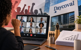 Imagem feita por inteligência artificial composta de uma mulher em frente a um computador pessoal em cuja tela estão projetados vários rostos, simulando uma reunião virtual. ao fundo, silhuetas com punhos erguidos no lado esquerdo e um prédio com uma placa com um logo do banoc Daycoval na sua fachada