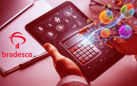 Imagem de uma calculadora sobre um papel com o logo do bradesco