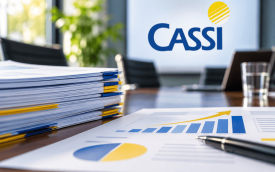 Imagem ilustrativa sobre o avanço das negociações da Cassi, com documentos e gráficos financeiros em azul e amarelo sobre uma mesa de reunião. Ao fundo, o logotipo da Cassi representa as discussões sobre a proposta de aporte extraordinário para recomposição das reservas da entidade.