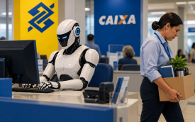 Imagem feita por inteligência artificial mostra um robô sentado em frente a um computador enquanto uma mulher vai embora de cabeça baixa segurando uma caixa com pertences. Ao fundo dois banneres, um amarelo com o logo do banco do brasil e outro azul com o logo da caixa econômica federal