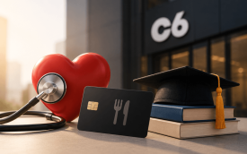 Imagem feita por Inteligência Artificial composta por um coração, um estetoscópio, um cartão magnético, um capelo, livros e o logo do C6