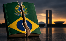 Imagem feita por Inteligência Artificial mostra o livro da Constituição Federal rasgado em primeiro plano e, ao fundo, o prédio do Congresso Nacional sob o entardecer