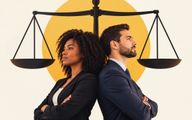 Imagem feita por ia mostra um homem branco e uma mulher negra, de costas um para o outro e apoiando as costas um sobre o outro. atrás deles há um círculo amarelo e uma balança 