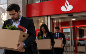 Três bancários demitidos deixam uma agência do Santander carregando caixas com seus pertences pessoais. Em primeiro plano, um trabalhador apresenta expressão de tristeza, enquanto o logotipo do banco aparece ao fundo.