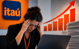 Imagem feita por inteligência artificial mostra uma mulher sentada levando as mãos à cabeça e com semblante preocupado. atrás dela, o  logo do itaú e um gráfico em barras indicando alta