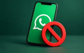 Imagem feita por Inteligência Artificial mostra um telefone celular com o logo do whtsapp projetado em sua tela. ao lado, um círculo vermelho com um a linha diagonal no seu interior em todo o seu diâmetro, indicando bloqueio