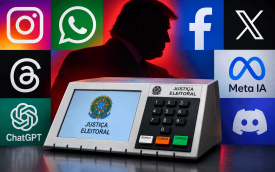 Imagem de uma urna eletrônico, com logotipos de redes sociais ao fundo
