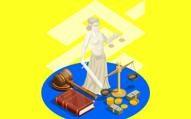 Desenho com mulher que representa a Justiça, martelo de juiz, livro de leis e balança da justiça sob o logo do Banco do Brasil e em frente a uma quantidade de dinheiro