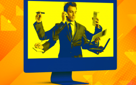 Tela de computador mostra homem sobrecarrecagado com diversas funções