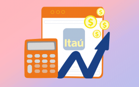 Calculadora para representar simulação da PLR Itaú 2021, junto com o logo do banco, moedas e um gráfico simbolizando crescimento