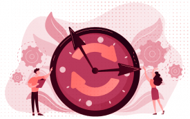figura em cor vermelha que mostra duas pessoas entre um grande relógio de ponteiro  