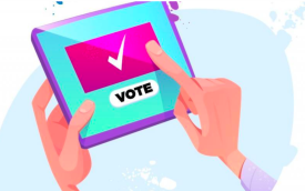Ilustração de um bancário votando em assembleia virtual