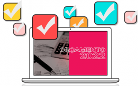 Arte com imagem de uma calculadora, por cima da imagem se lê: Orçamento 2022
