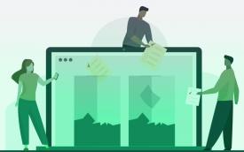 Arte em desenho na cor verde mostra uma tela de computador em tamanho grande cercada por três figuras humanas
