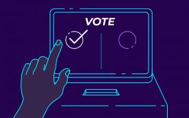 Arte na cor azul mostra uma mão humana tocando em uma tecla de computador em cuja tela está escrita a palavra "vote"