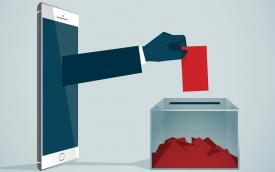 Arte em desenho mostra um braço saindo de um telefone celular e depositando um voto em uma urna