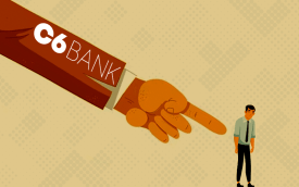 Imagem de um punho, com o nome C6 Bank, apontando para um bancário