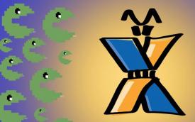 Arte com o X da Caixa e diversos pac-man, personagem do jogo de vídeo game