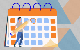 Desenho mostra um calendário gigante. em frente, uma pessoa boneco segura um lápis para marcar uma data no calendário. ao fundo, o X do logo da Caixa Econômica Federal