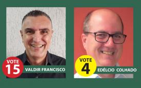 Arte com os rostos dos bancários Valdir Francisco e Edélcio Colhado, candidatos à Cipa do Bradesco Vila Leopoldina