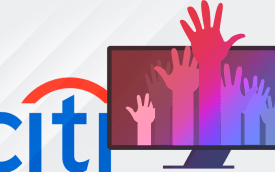 Arte composta pelo logo do Citibank no lado direito e uma tela de computador de onde saem diversos braços erguidos com palmas abertas